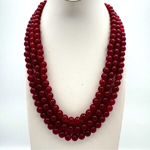 Triple Strand Red Quartz Beaded Statement Necklace 8mm Beads Tassel Tie Closure